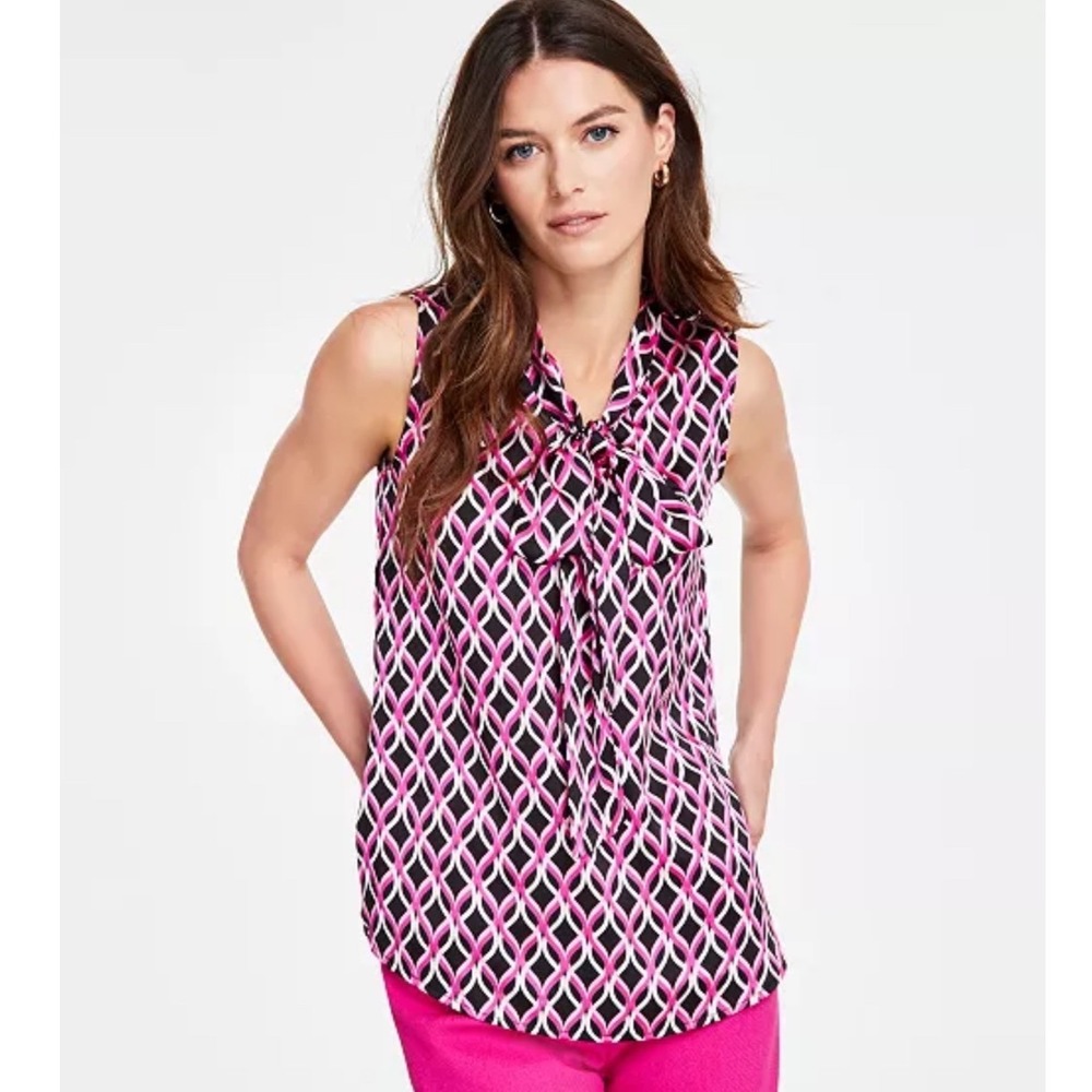 Tahari ASL Sleveless Blouse Tie Neck Pink Black Geometric Top NWT